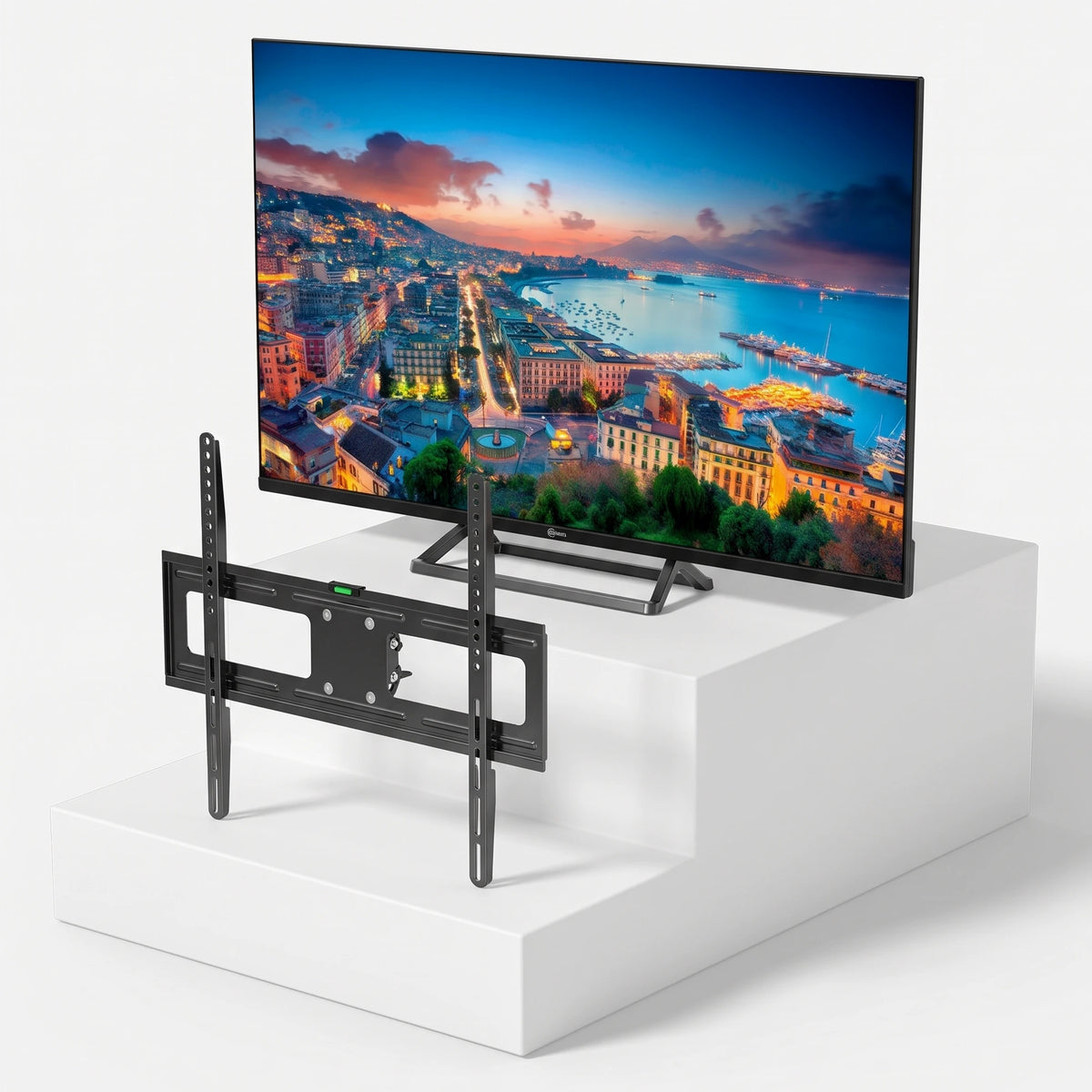 Τηλεόραση TELE System PALCO32 FL13 32" + Δωρεάν Βάση Τοίχου Unitronic Full-Motion Διπλού Βραχίονα — τηλεόραση και βάση τοίχου σε ανοιχτό γκρι φόντο