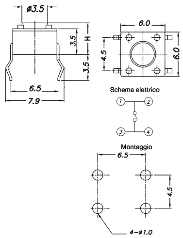 GBC 24.0860.00 Tact Switch 6×6×4.3 mm – 4-Pin PCB Mount, 0.05A/12Vdc & IP20