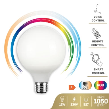 GBC HeyGlobe Smart WiFi E27 G95 LED Globe 11W – RGB+CCT 2700-6500K, Alexa & Google Home