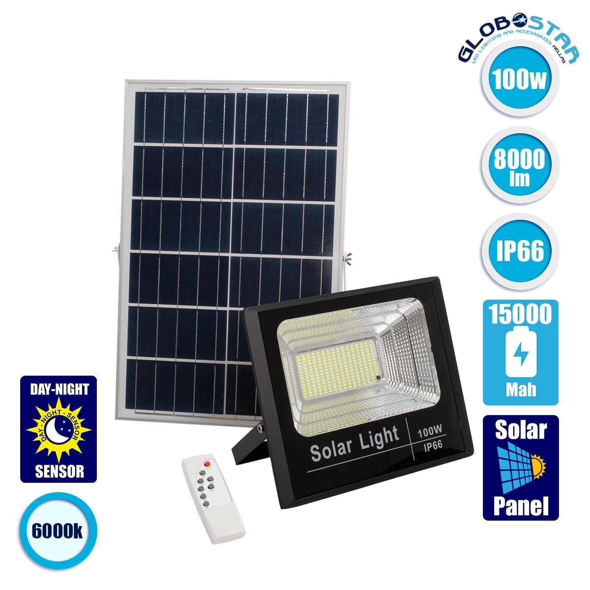 Ηλιακός Προβολέας LED GloboStar 71557 100W 6000K – IP66, 8000 lm & Τηλεχειρ. RF 2.4GHz