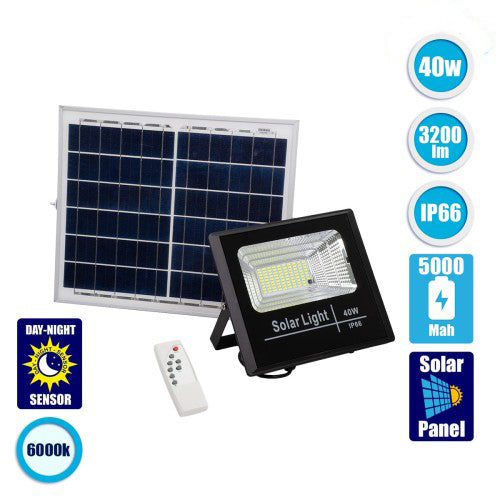 Ηλιακός Προβολέας LED GloboStar 40 W 6000K IP66 – 3200 lm, Τηλεχ. RF & Αισθητήρας Ημέρας