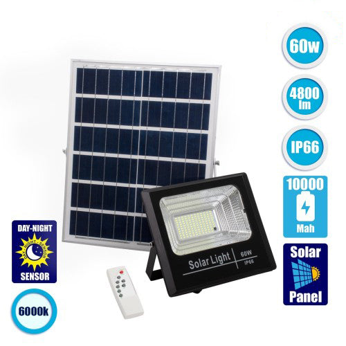 Ηλιακός Προβολέας LED GloboStar 60 W 6000K IP66 – 4800 lm, Τηλεχ. RF & Αισθητήρας Ημέρας