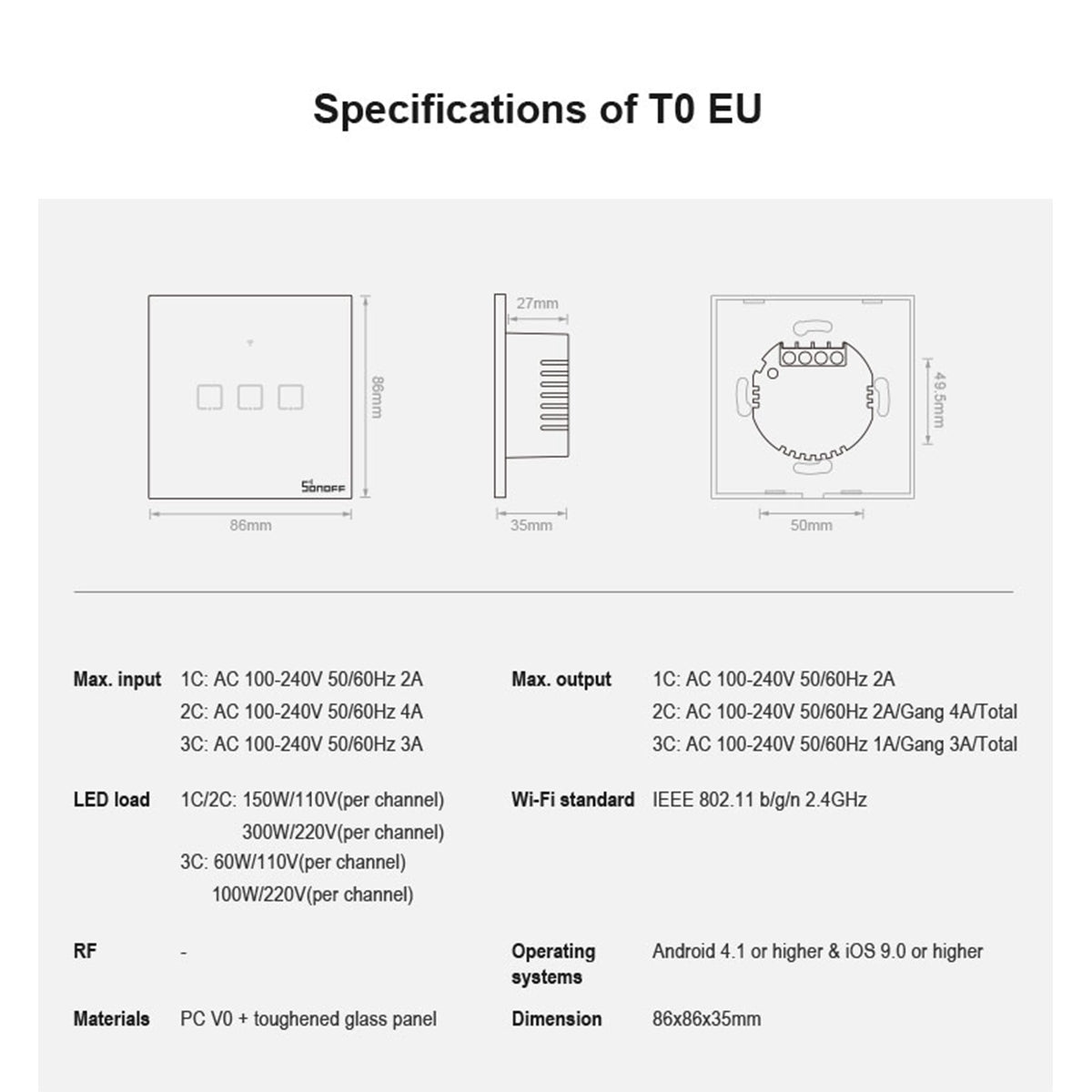 Έξυπνος Διακόπτης Αφής SONOFF T0EU2C-TX-EU-R2 2 Πλήκτρων – Wi-Fi, Γυαλί & Alexa/Google