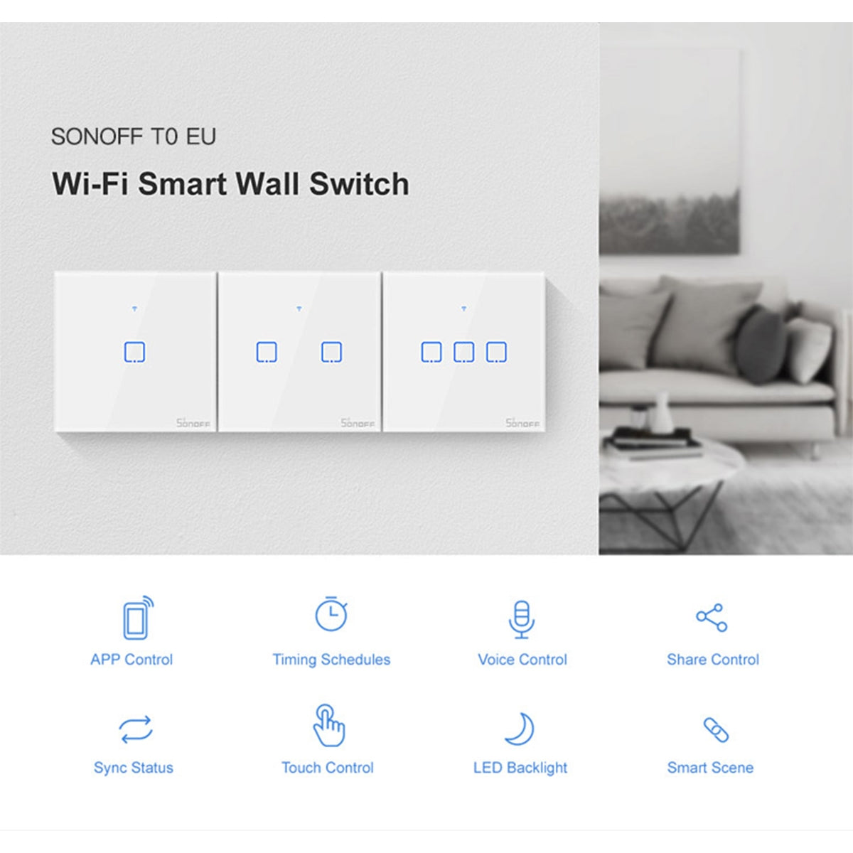 Έξυπνος Διακόπτης Αφής SONOFF T0EU2C-TX-EU-R2 2 Πλήκτρων – Wi-Fi, Γυαλί & Alexa/Google