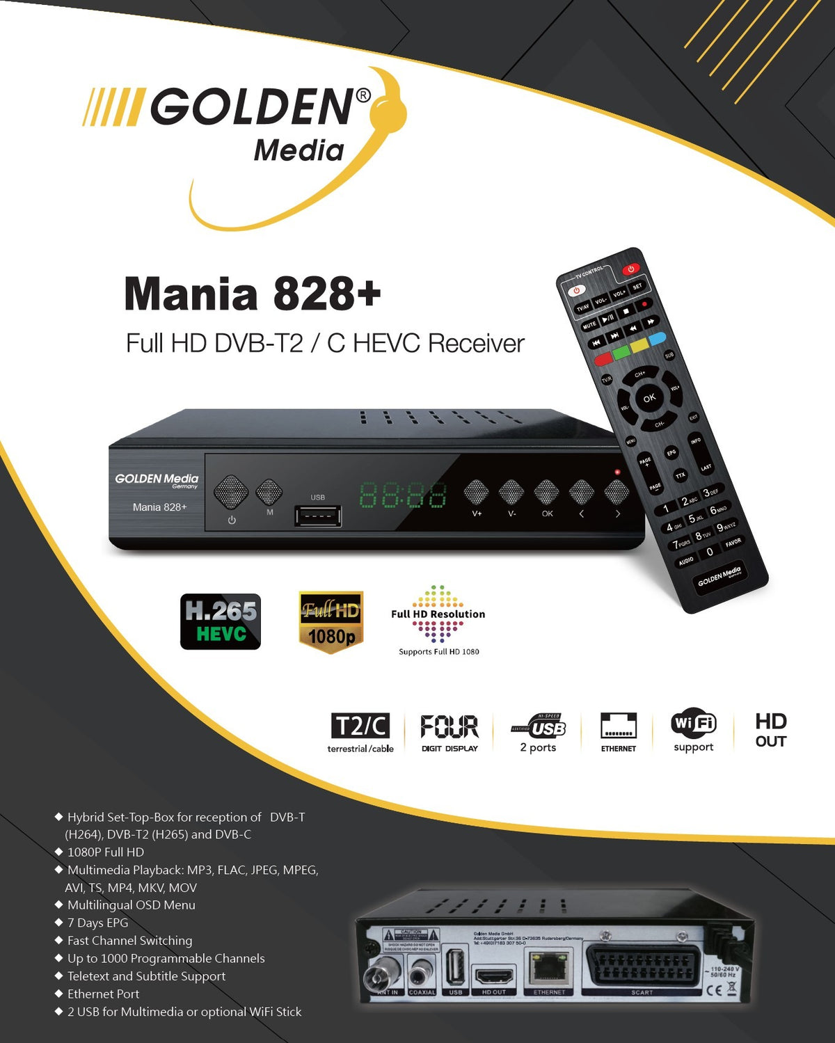 Golden Media Mania 828+ Full HD DVB-T2/C HEVC Δέκτης — Golden Media