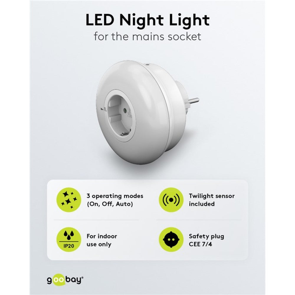 Goobay ICLLE09 Φως Νυκτός LED Πρίζας – Αισθητήρας Λυκόφωτος, 6500K & Διέλευση Schuko
