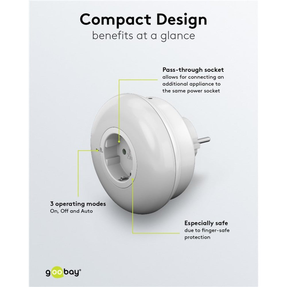 Goobay ICLLE09 Φως Νυκτός LED Πρίζας – Αισθητήρας Λυκόφωτος, 6500K & Διέλευση Schuko
