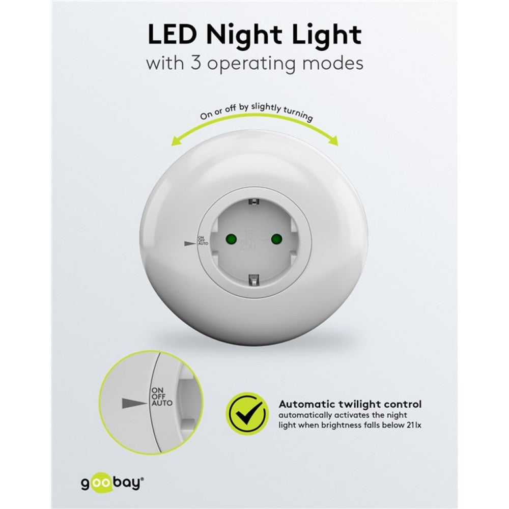 Goobay ICLLE09 Φως Νυκτός LED Πρίζας – Αισθητήρας Λυκόφωτος, 6500K & Διέλευση Schuko