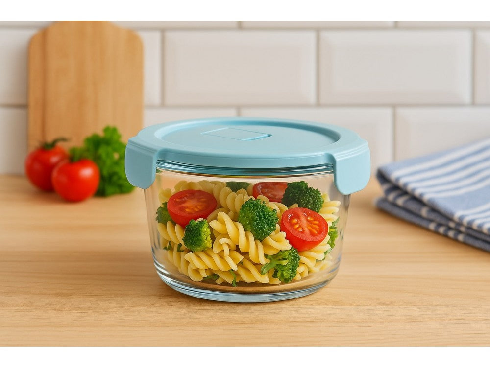 AJ Glass Food Container Round 420ml – Airtight, Light Blue Lid – view 2