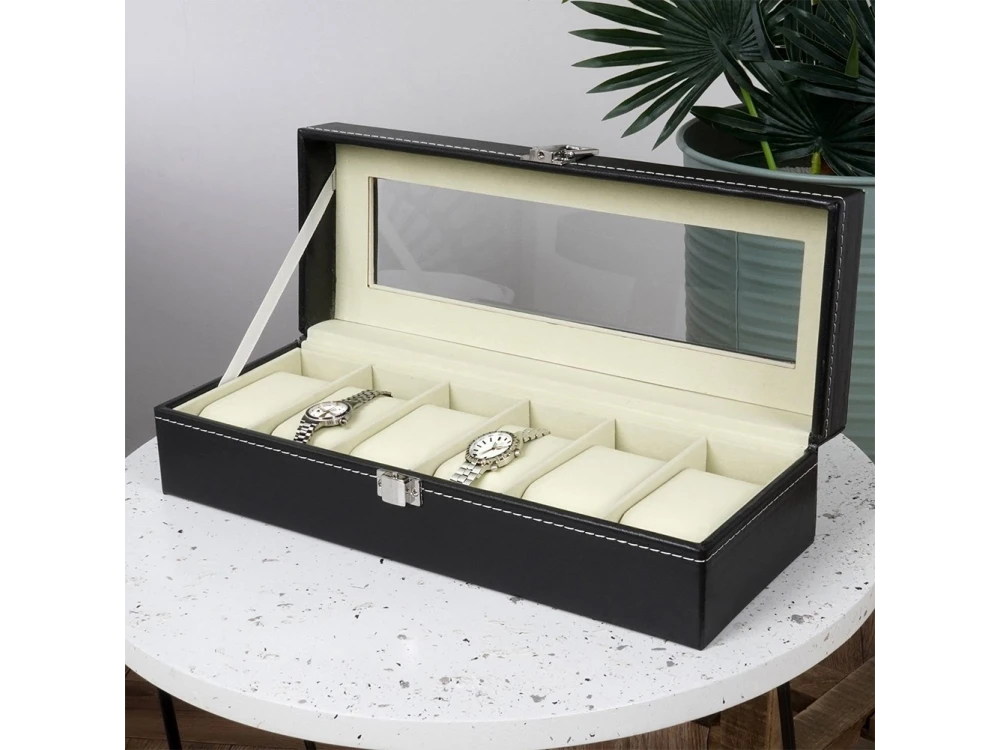 Vilde Vegan Leather Watch Box 6 Slots with Clear Lid – Black – view 2