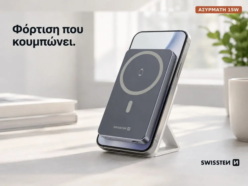 Swissten Fusion MagSafe Power Bank 10000mAh – USB-C 20W + 15W Wireless + Apple Watch Charger, Silver – view 2