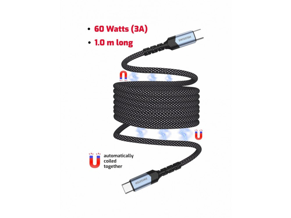 Swissten Braided Magnetic USB-C to USB-C Cable 1m – Nylon, Black – view 2
