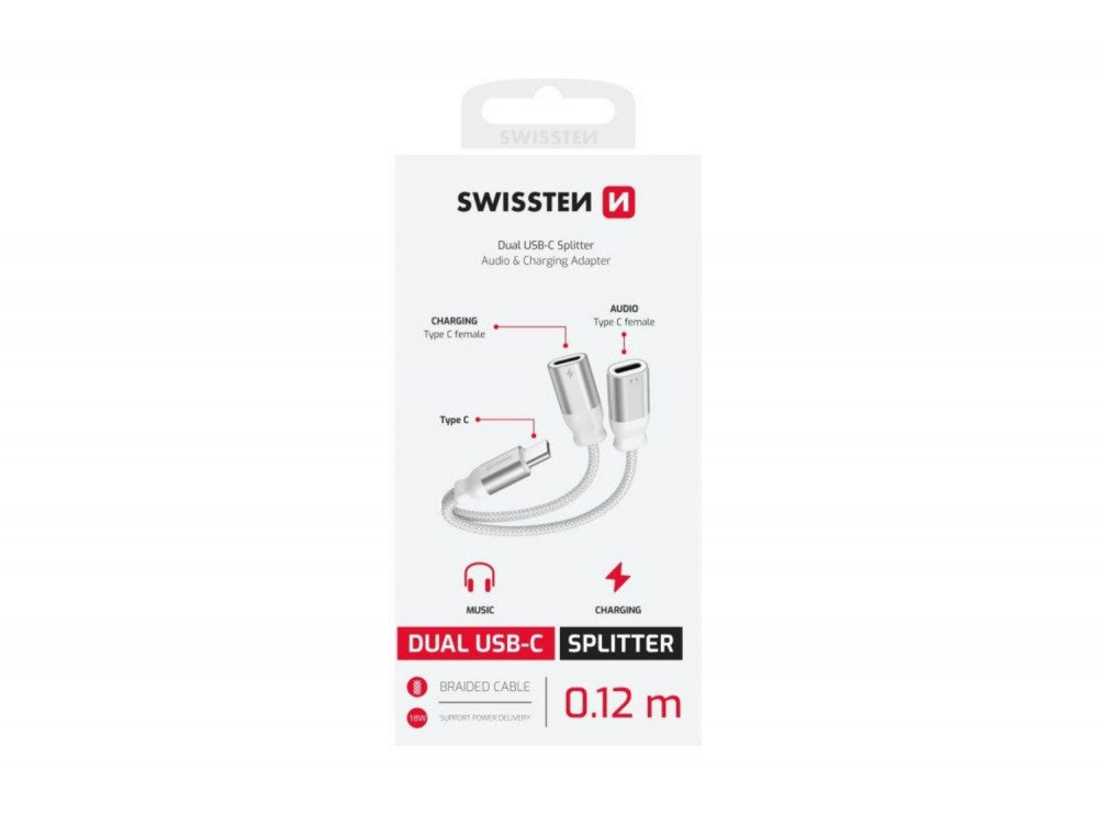 Swissten 2-in-1 USB-C Splitter – USB-C Male to 2× USB-C Female Audio + Charging, 12cm, White – view 2
