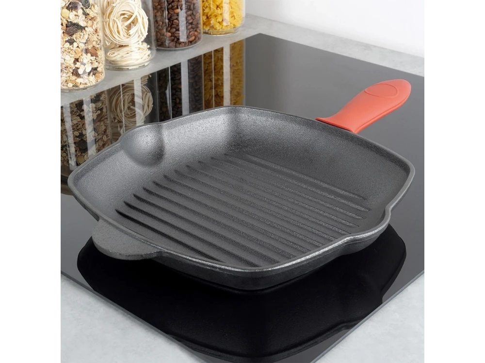 Vilde Premium Cast Iron Grill Pan 28 cm – Ridged Square Pan, Silicone Handle Grip – view 2