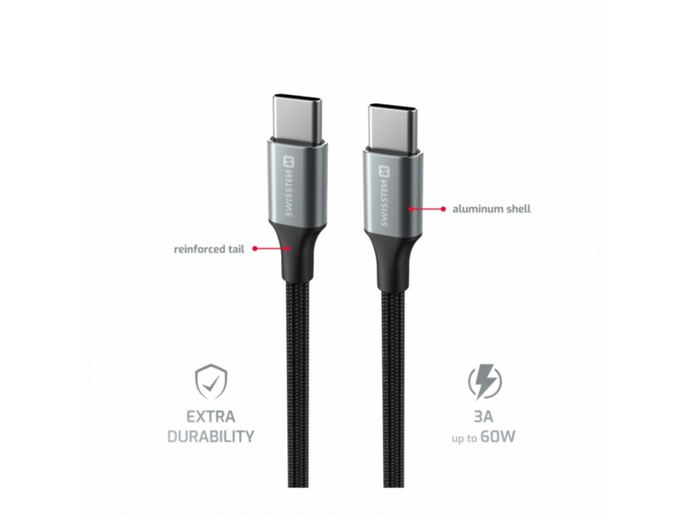 Swissten Durable Textile II USB-C to USB-C Cable 1.5m 60W – Nylon Braided, Black – view 2