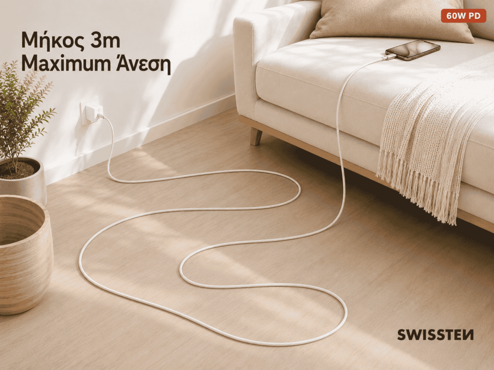 Swissten Textile USB-C to USB-C Cable 3m – 60W, Nylon Braided, Aluminium Connectors, Silver – view 2