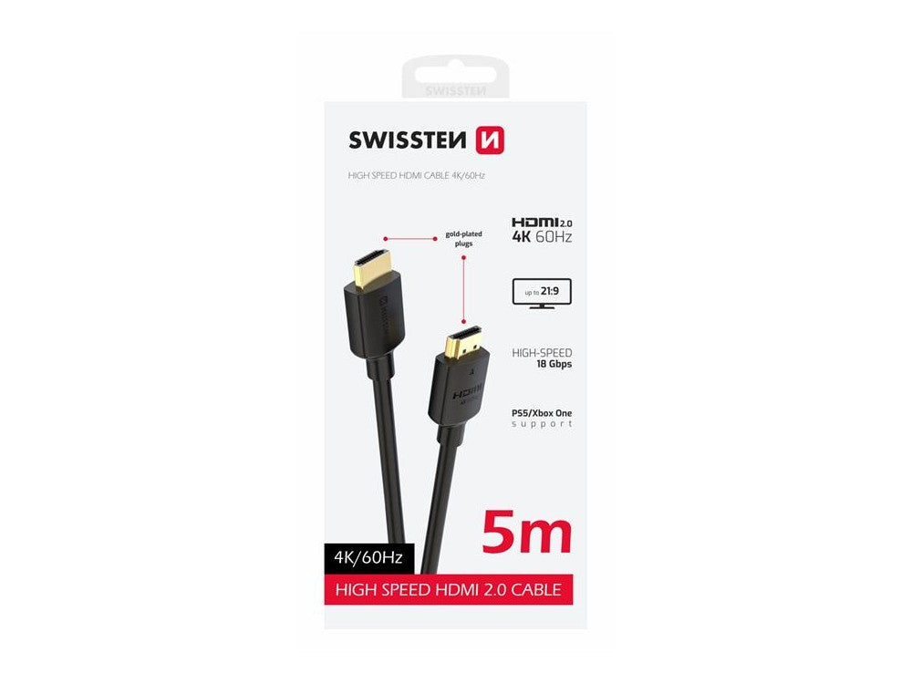Swissten HDMI 2.0 Cable 5m – 4K@60Hz, HDR, VRR, 18Gbps, Gold Plated – view 2