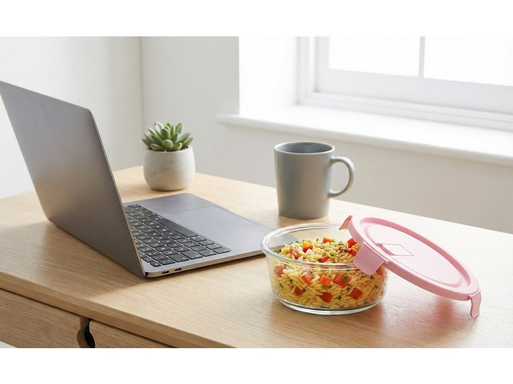 AJ Glass Food Container Round 660ml 15x6cm – Airtight, Pink Lid – view 2