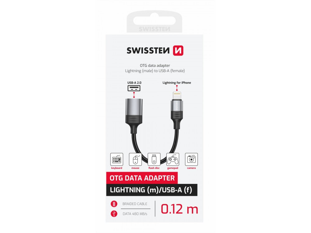 Swissten Lightning to USB-A OTG Adapter with 12cm Cable – Nylon Braided, Black – view 2