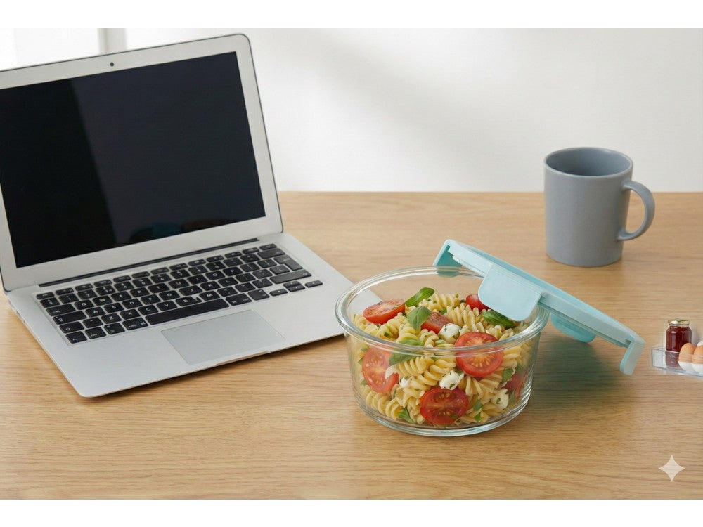 AJ Glass Food Container Round 950ml 17x7cm – Airtight, Light Blue Lid – view 2