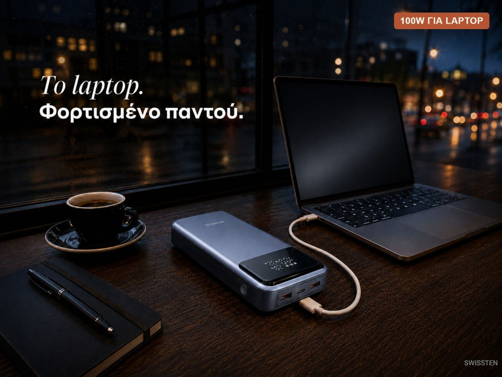 Swissten Laptop Power Bank 20000mAh 100W – USB-C PD + 2× USB-A QC 3.0, Grey – view 2