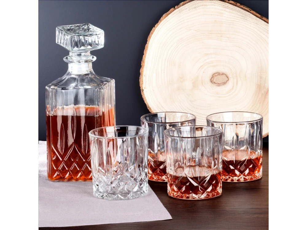 Vilde Whisky Glasses & Decanter Set – 4 Glasses (300 ml) + Decanter (900 ml) Embossed Glass – view 2