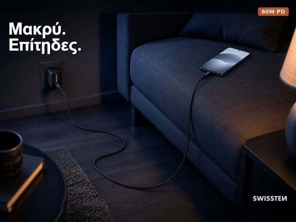 Swissten Textile USB-C to USB-C Cable 3m – 60W, Nylon Braided, Aluminium Connectors, Black – view 2
