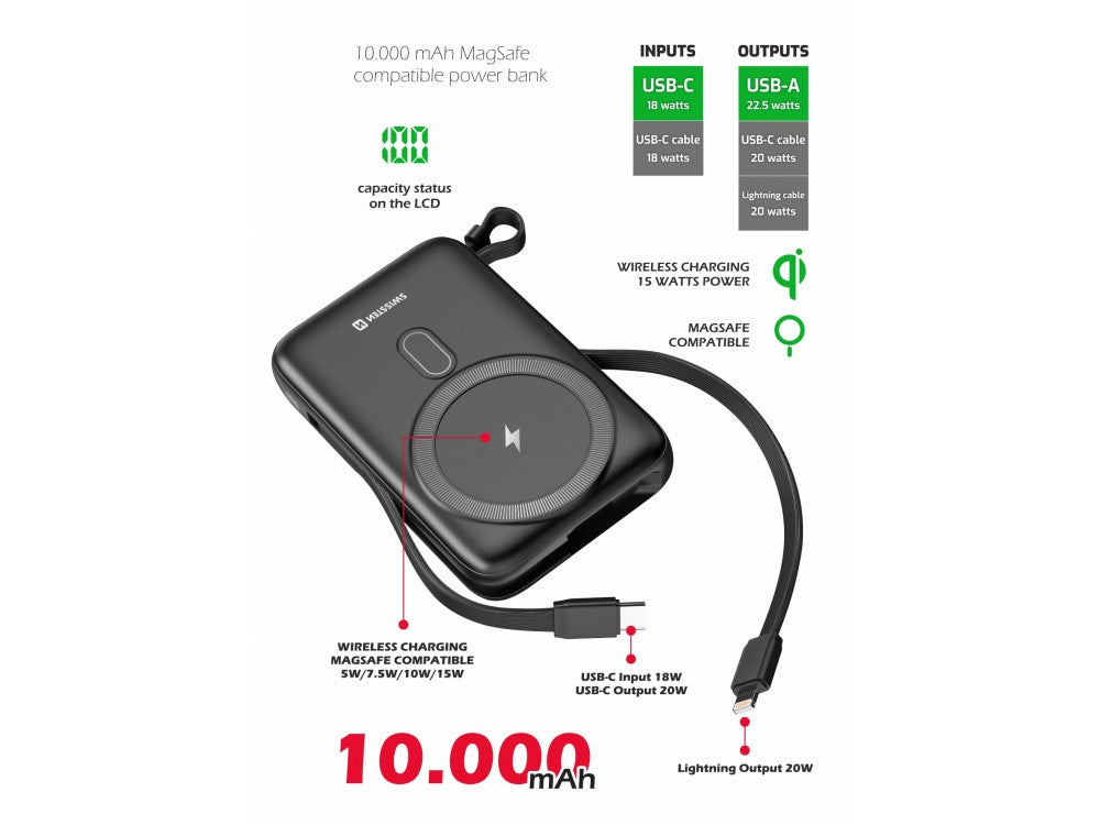 Swissten 10K MagSafe Magnetic Power Bank 10000mAh – Qi2 15W, Built-in USB-C & Lightning, Black – view 2
