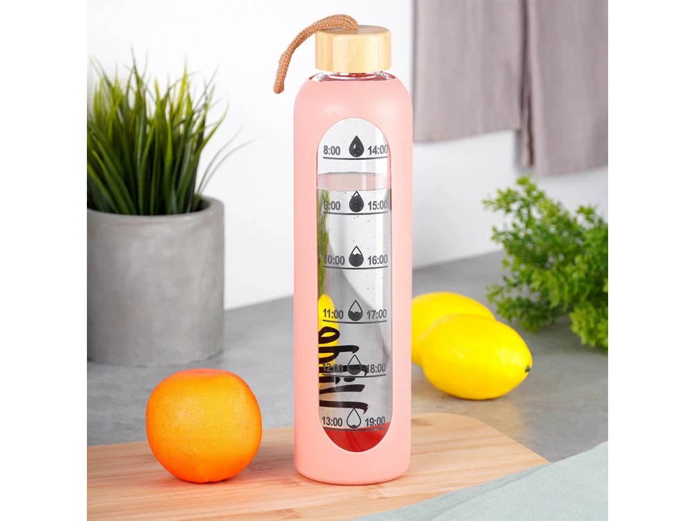 Vilde Glass Water Bottle 1L with Time Markings, Airtight Bamboo Lid & Silicone Sleeve – Pink – view 2