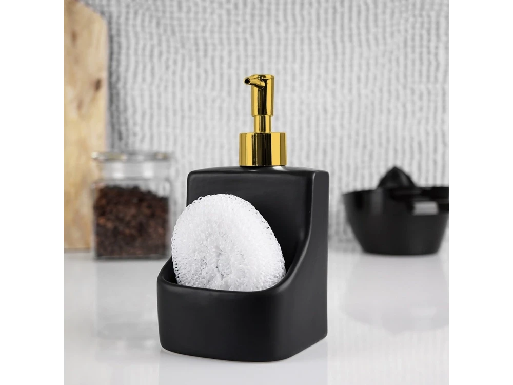 Vilde Ceramic Kitchen Soap Dispenser 400 ml – with Sponge Holder, Sponge Included, Black – view 2