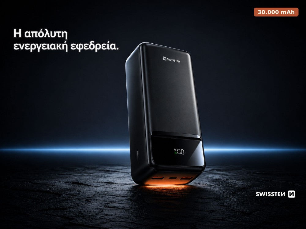 Swissten Power Line II 30000mAh 22.5W PD Power Bank – 3 Ports, LED Display, Black – view 2