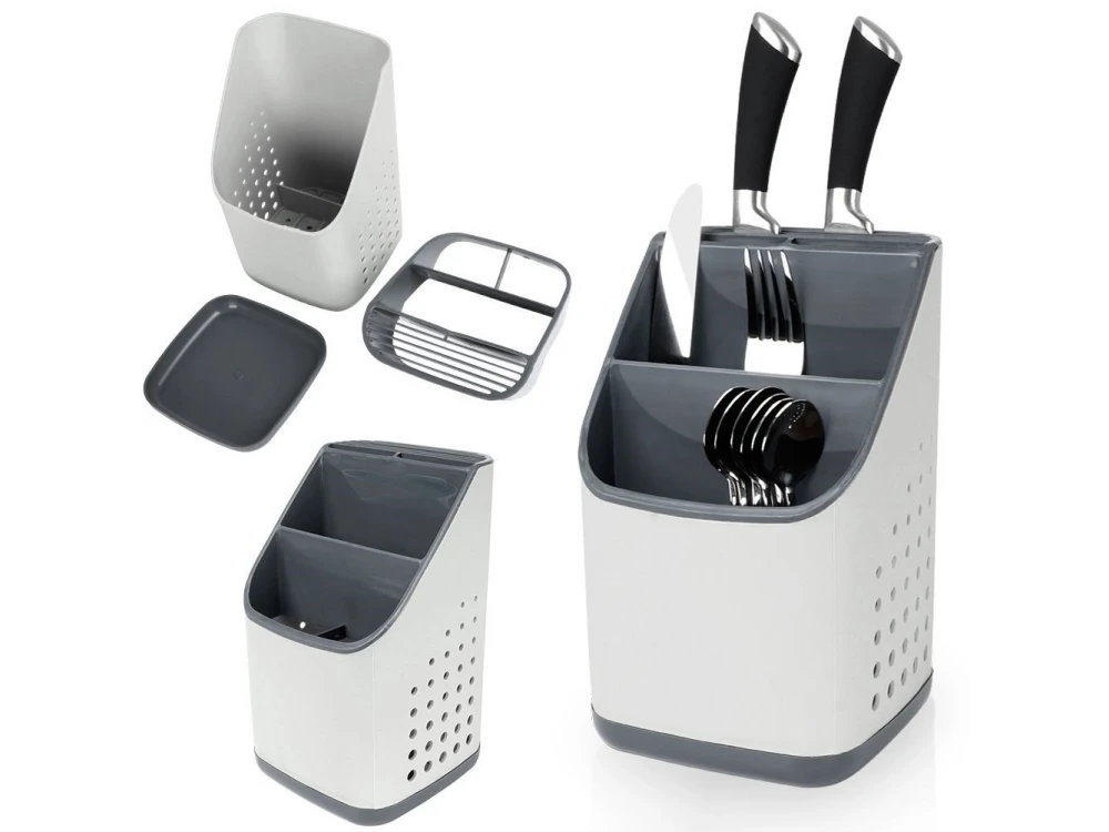 Vilde Cutlery Drainer / Holder with 3 Compartments + 7 Knife Slots, 14×14×23 cm – White / Grey – view 2