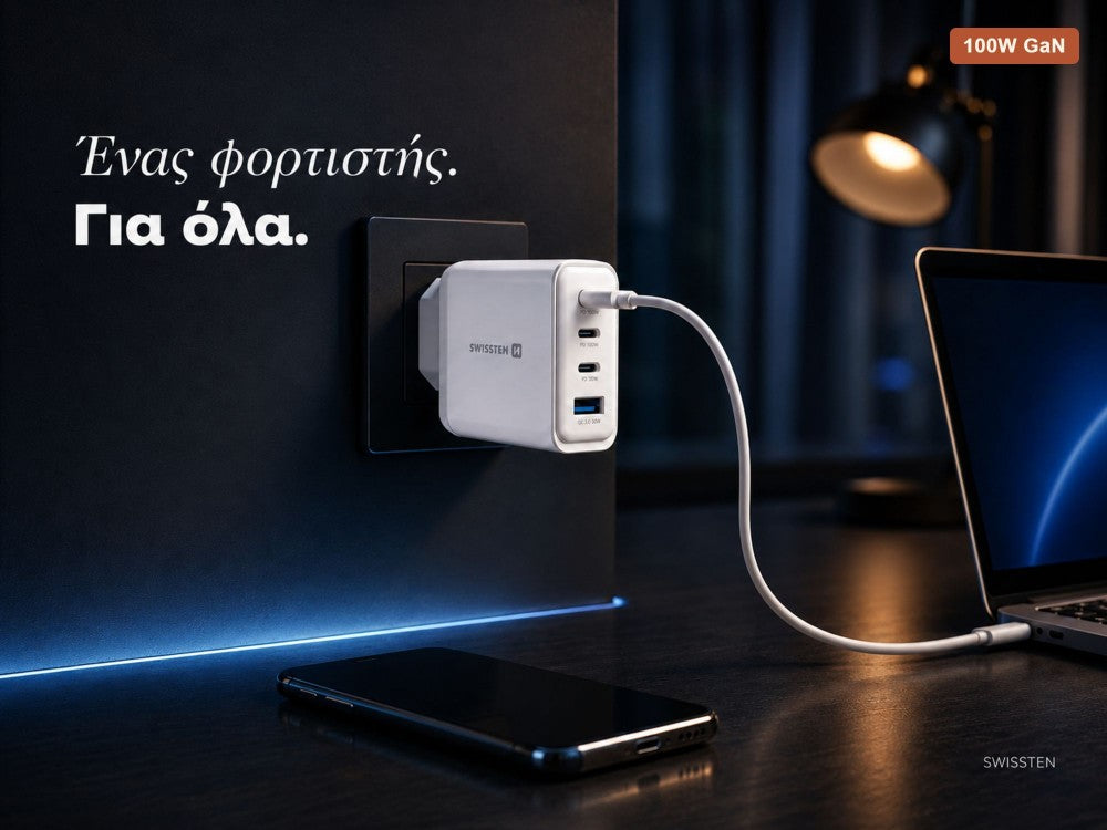 Swissten Core 100W GaN Wall Charger – 3× USB-C + USB-A, PD/PPS/AVS, White – view 2