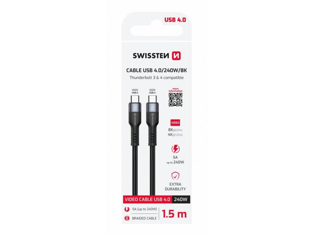 Swissten USB4 USB-C to USB-C Cable 1.5m 240W / 40Gbps – 8K@60Hz, Nylon Braided, Black – view 2