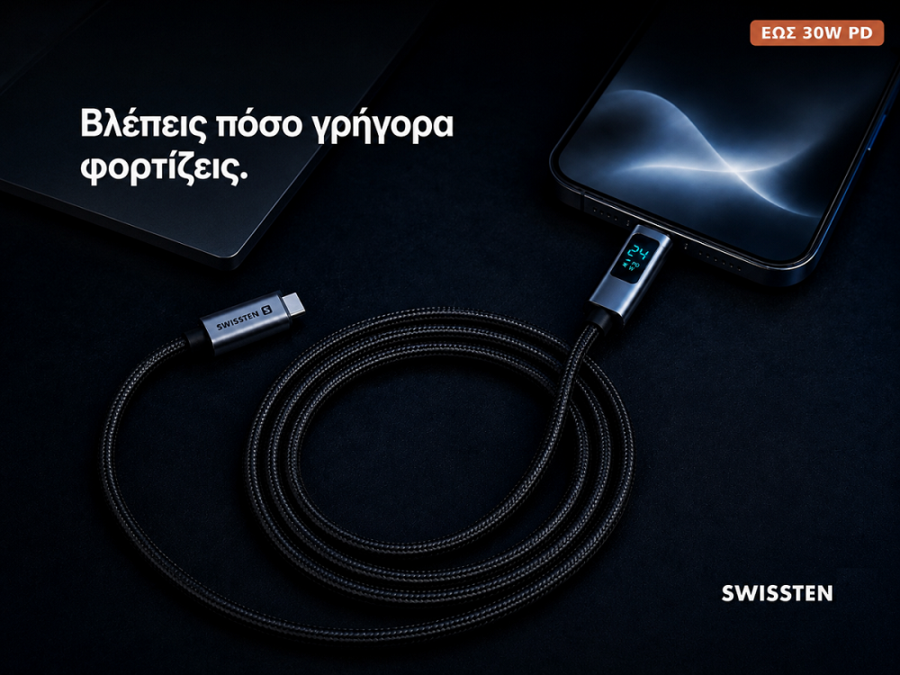 Swissten USB-C to Lightning Cable 1.5m 30W with LCD Display – Nylon Braided, Black – view 2