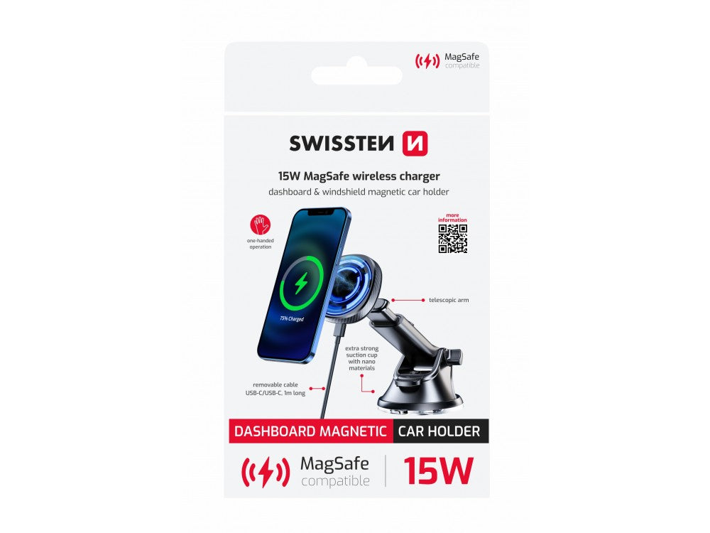 Swissten Magnetic Car Phone Mount – 15W MagSafe Qi Wireless Charger, Dashboard / Windshield – view 2