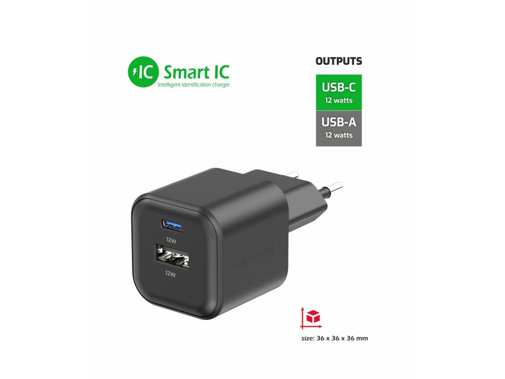 Swissten Compact Wall Charger 12W – USB-C + USB-A, SMART IC, Black – view 2