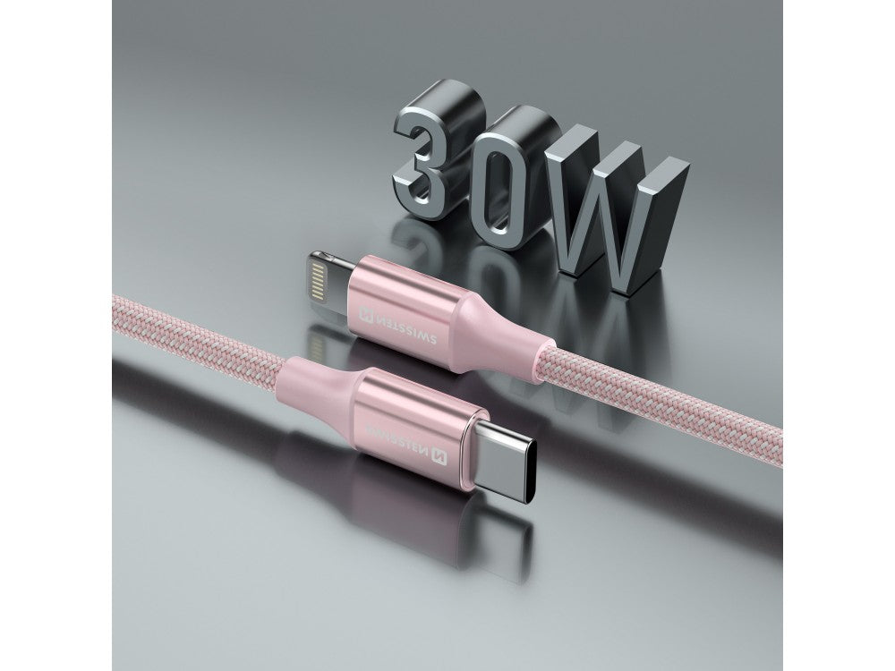 Swissten Durable Textile II USB-C to Lightning Cable 1.5m 30W – Nylon Braided, Pink – view 2
