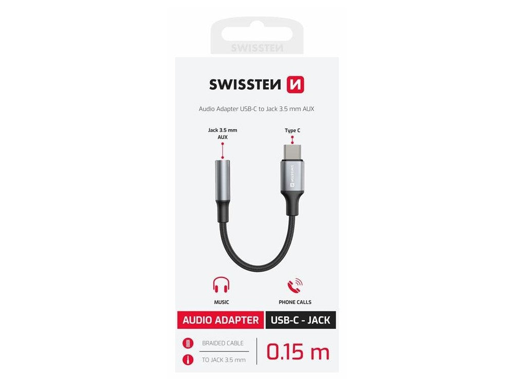 Swissten 3.5mm AUX Female to USB-C Male Audio Adapter 15cm Nylon Braided – Black – view 2