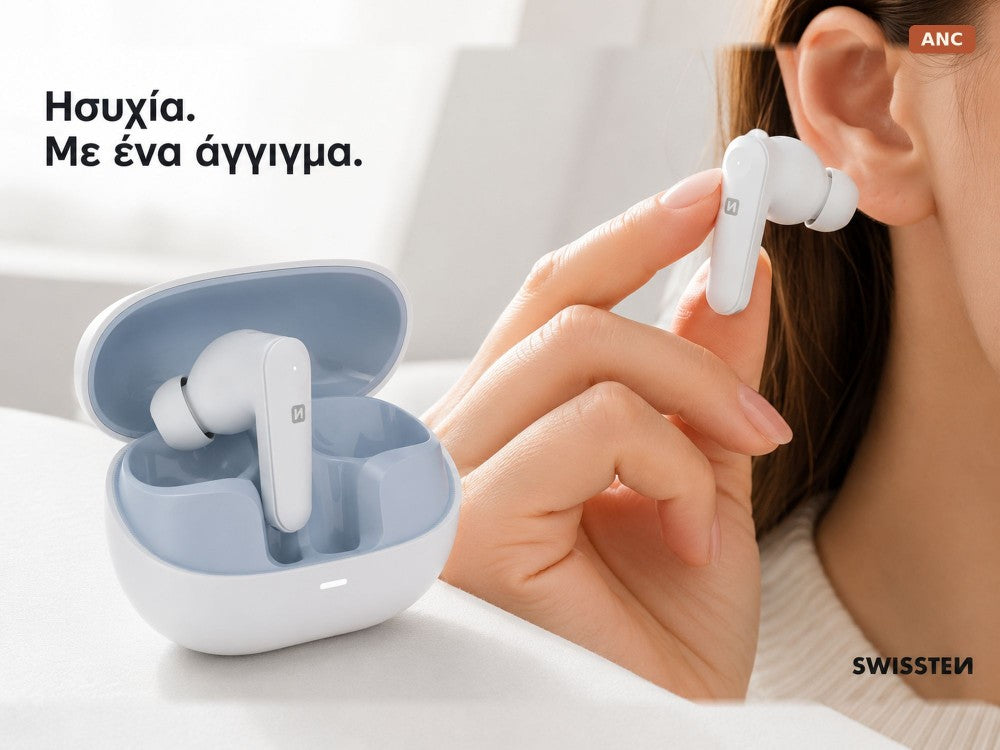 Swissten Focus In-Ear Bluetooth 5.3 Earbuds – ANC, 28h Battery, USB-C Charging Case, White – view 2