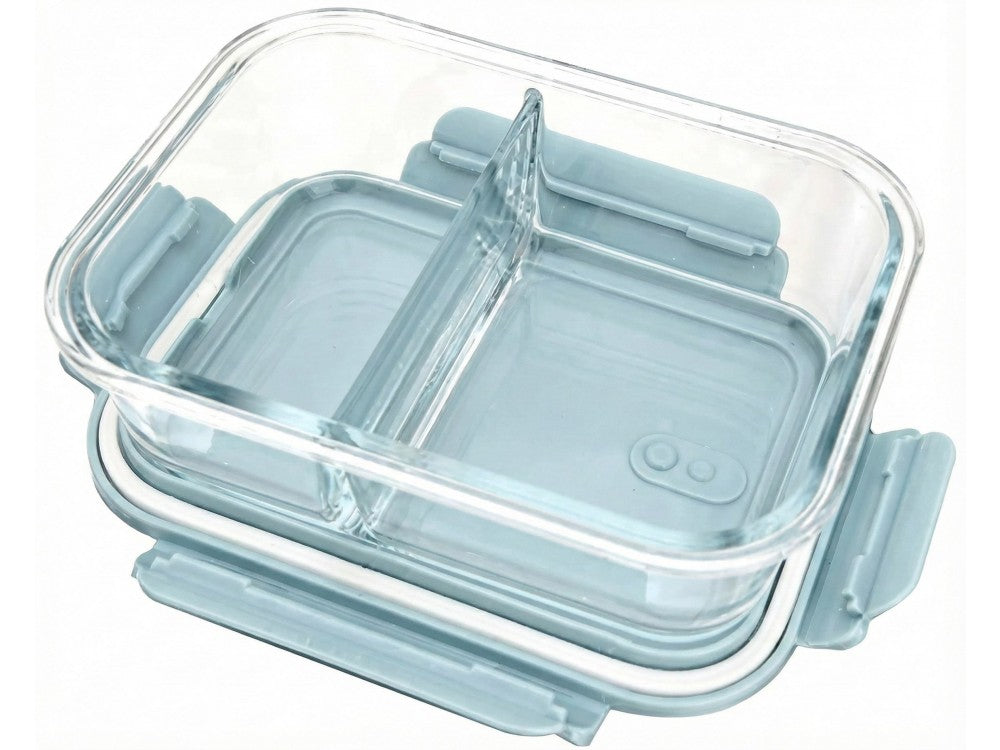AJ Glass Meal Prep Container 2-Compartment 1000ml – Clear, Light Blue Lid – view 2