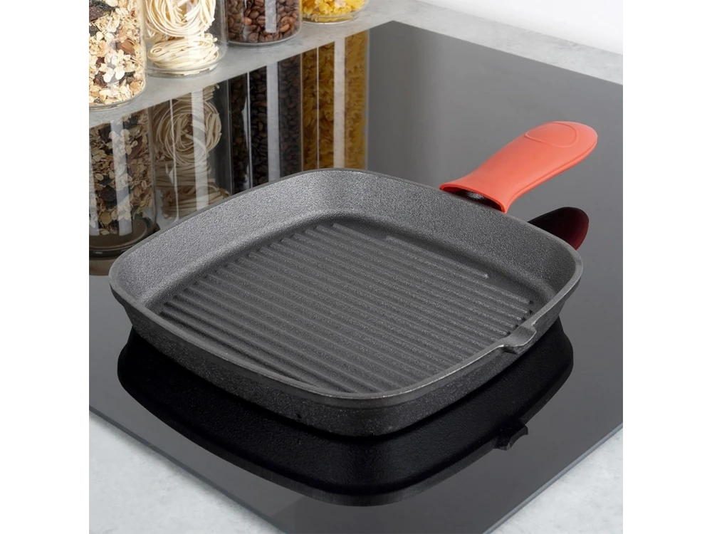 Vilde Premium Cast Iron Grill Pan 24 cm – Ridged Square Pan, Silicone Handle Grip – view 2