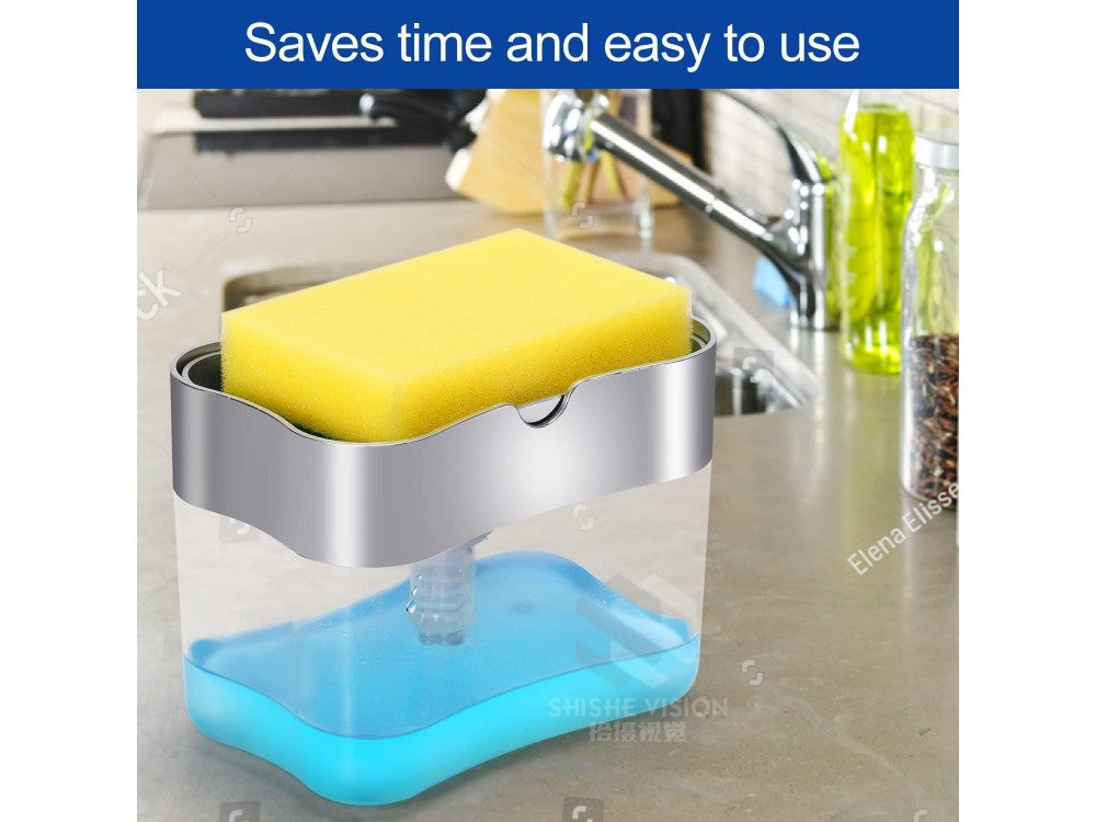 AJ Dish Soap Dispenser 3-in-1 380ml with Sponge & Holder – Transparent – view 2