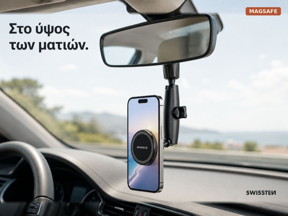 Swissten Rearview Mirror Magnetic Car Phone Holder – MagSafe Compatible, Adjustable, Black – view 2