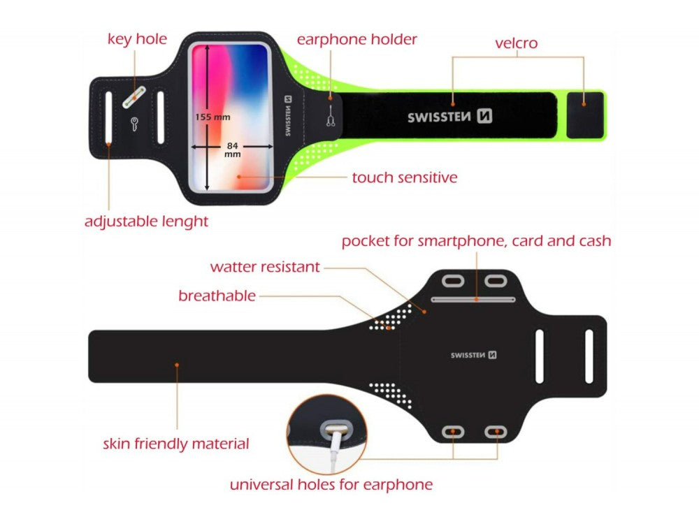 Swissten Armband Case 7" – Waterproof Running Armband with Key Pocket, Black – view 2