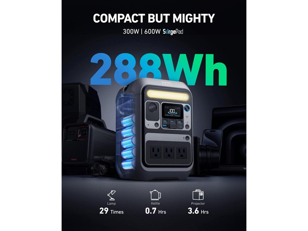 Anker Solix C300X AC Power Station – 288Wh, 300W, 3× AC + 3× USB-C + USB-A + Car Socket, Grey – view 2