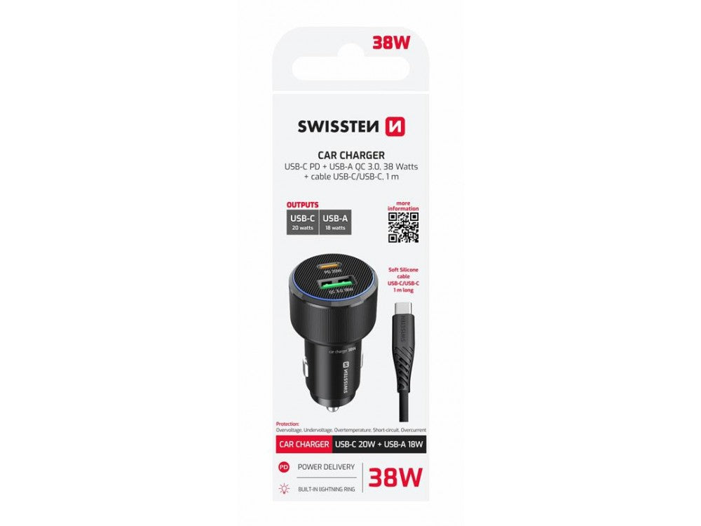 Swissten Car Charger 38W – PD 3.0 USB-C + QC 3.0 USB-A, with USB-C Cable, Black – view 2