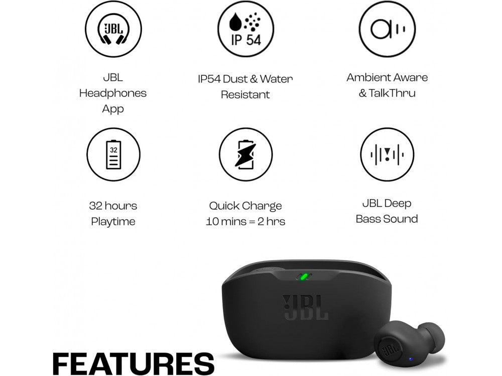 JBL Wave Buds True Wireless Bluetooth 5.2 Earbuds – IP54, JBL Deep Bass, 32h, Black – view 2