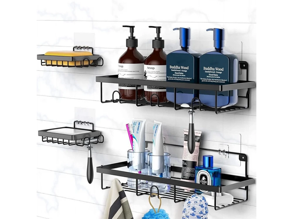 Vilde 4-Pack Shower Caddy Adhesive Wall-Mounted Metal Bathroom Organizer – Black – view 2