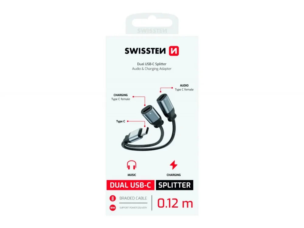 Swissten 2-in-1 USB-C Splitter – USB-C Male to 2× USB-C Female Audio + Charging Adapter, 12 cm Braided, Black – view 2